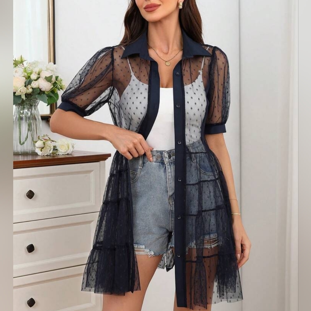 Black Mesh Polka Dot Button Down Collared Dress - image 3